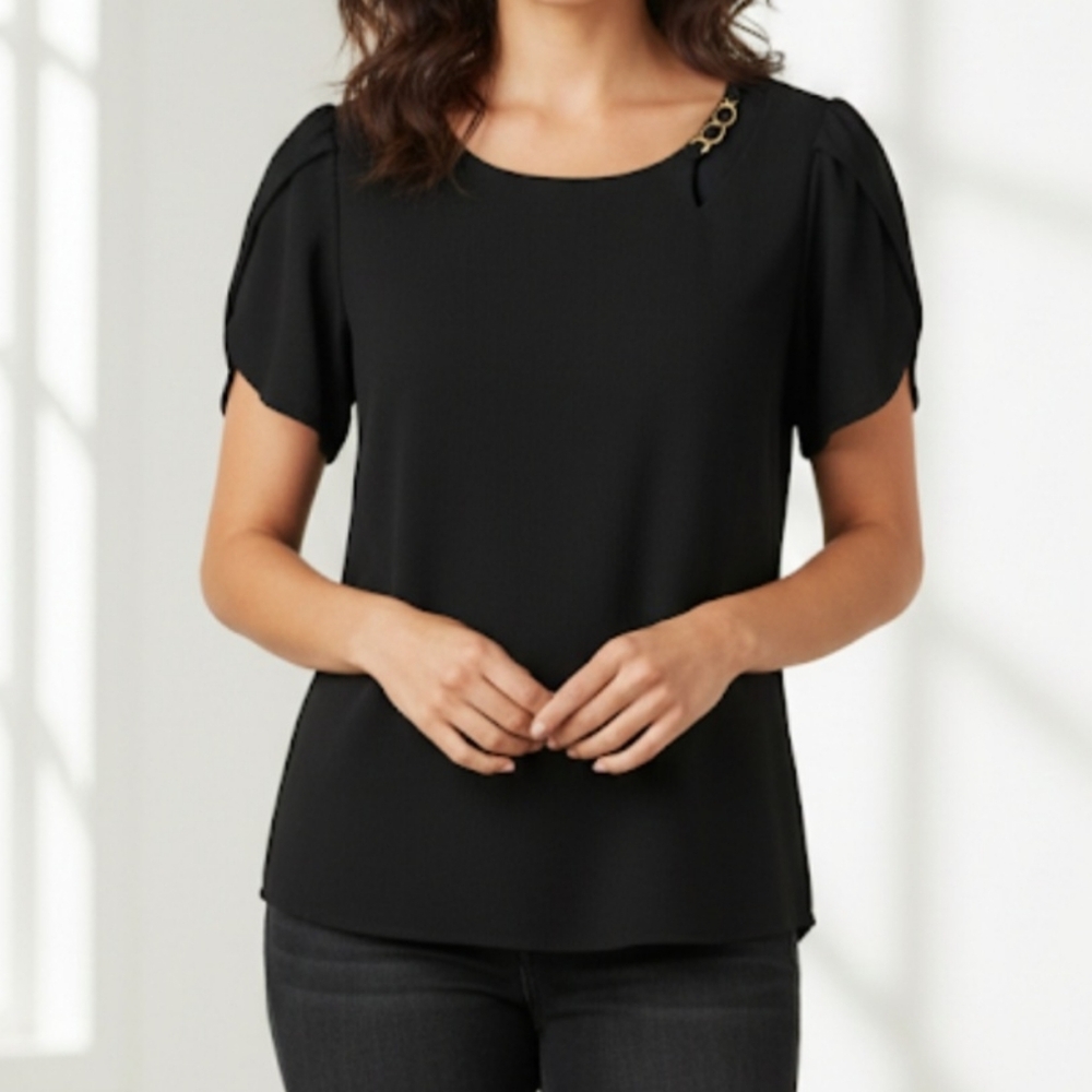 Stitch‎ Wurks Women's Tiered Tulip-Sleeve Blouse Top Shirt Black  2X NWT